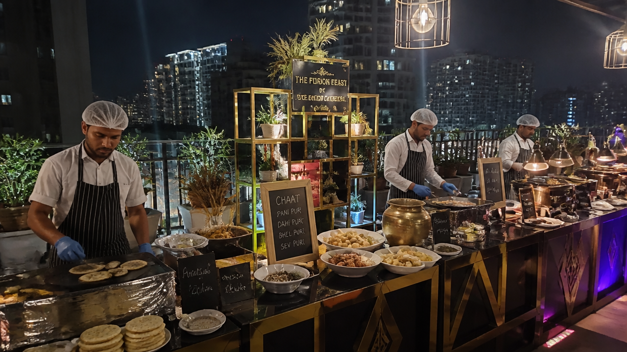 Catering team running live chaat and grill counters at a Mumbai society terrace event