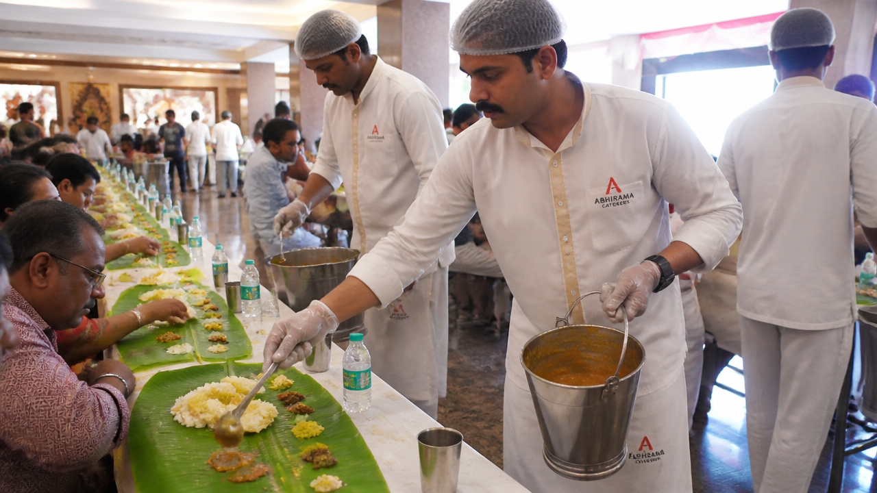 Catering staff serving a traditional Tamil vegetarian banana leaf feast at a Chennai wedding hall