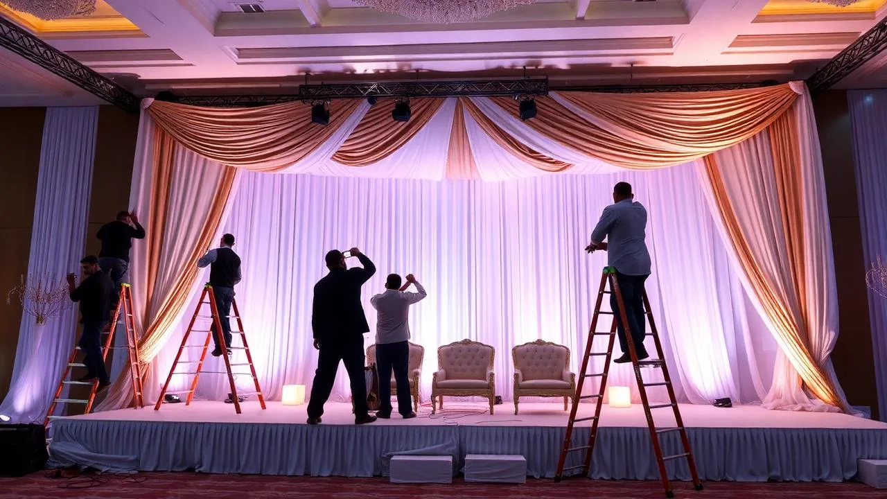 Event decoration team setting up a floral and lighting stage for a function in Mumbai