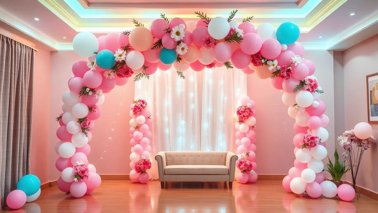 Event decoration team setting up a floral and lighting stage for a function in Chennai