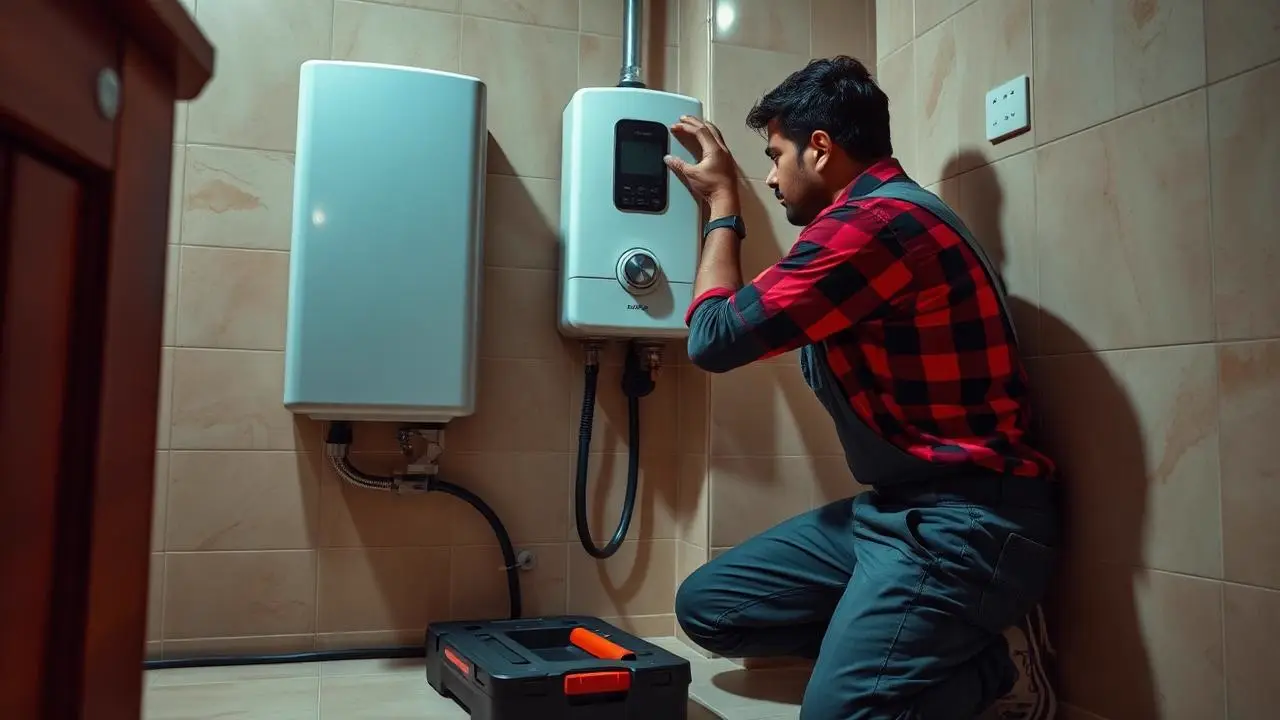 Verified technician repairing a wall-mounted geyser water heater in Chennai