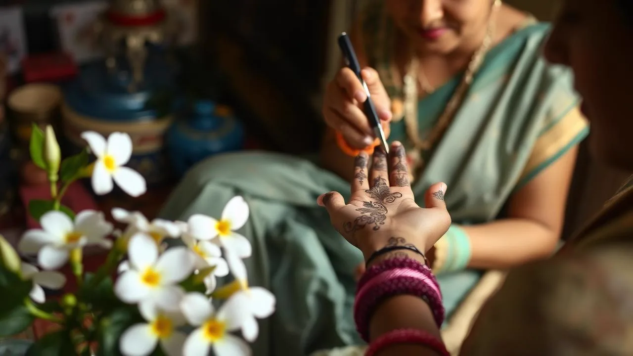 Verified mehendi artist applying bridal henna design at a home in Chennai