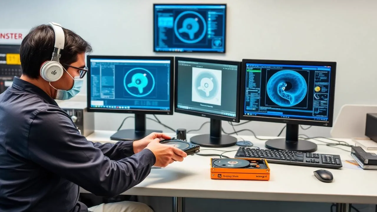 Data recovery technician in Mumbai recovering files from a failed hard drive at a professional workbench
