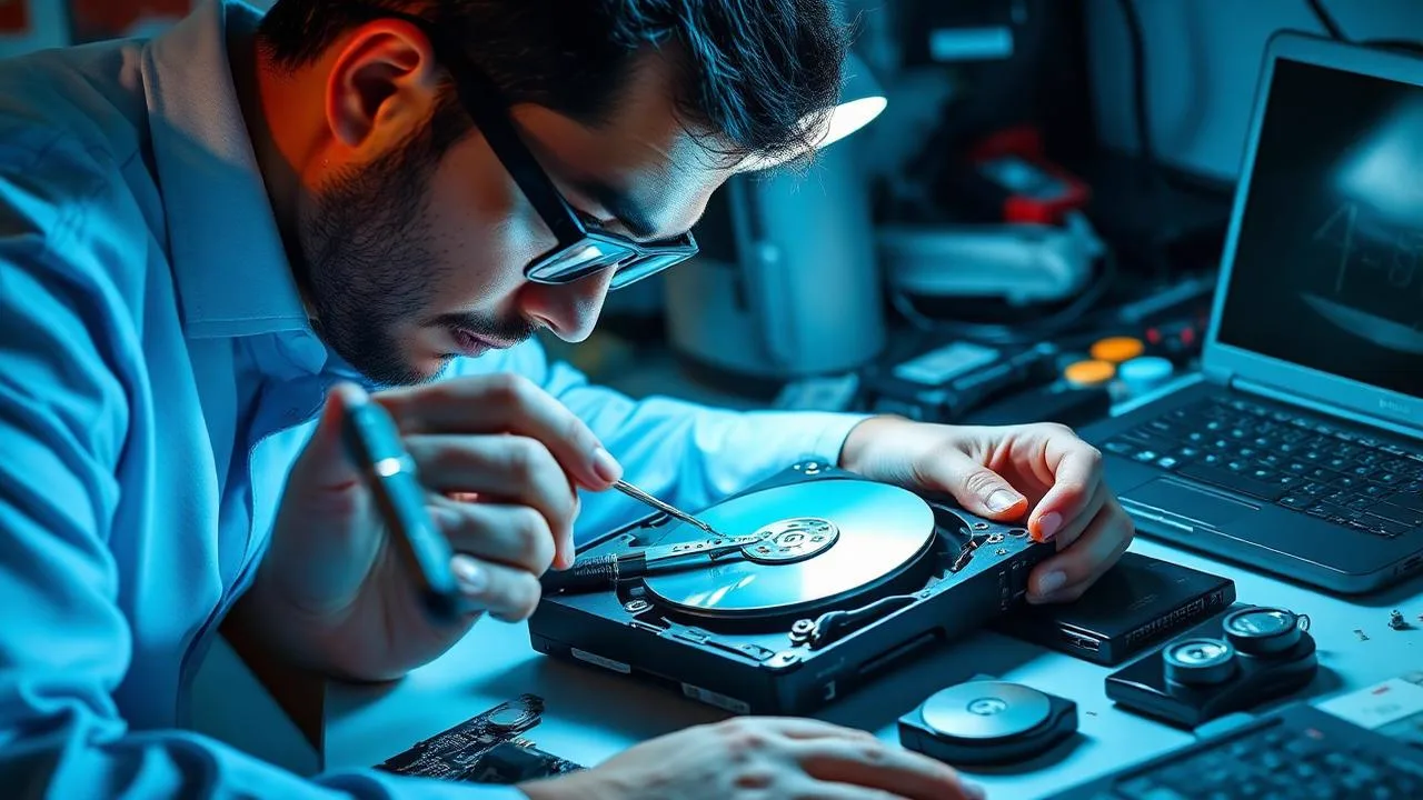 Data recovery technician in Chennai recovering files from a failed hard drive at a professional workbench