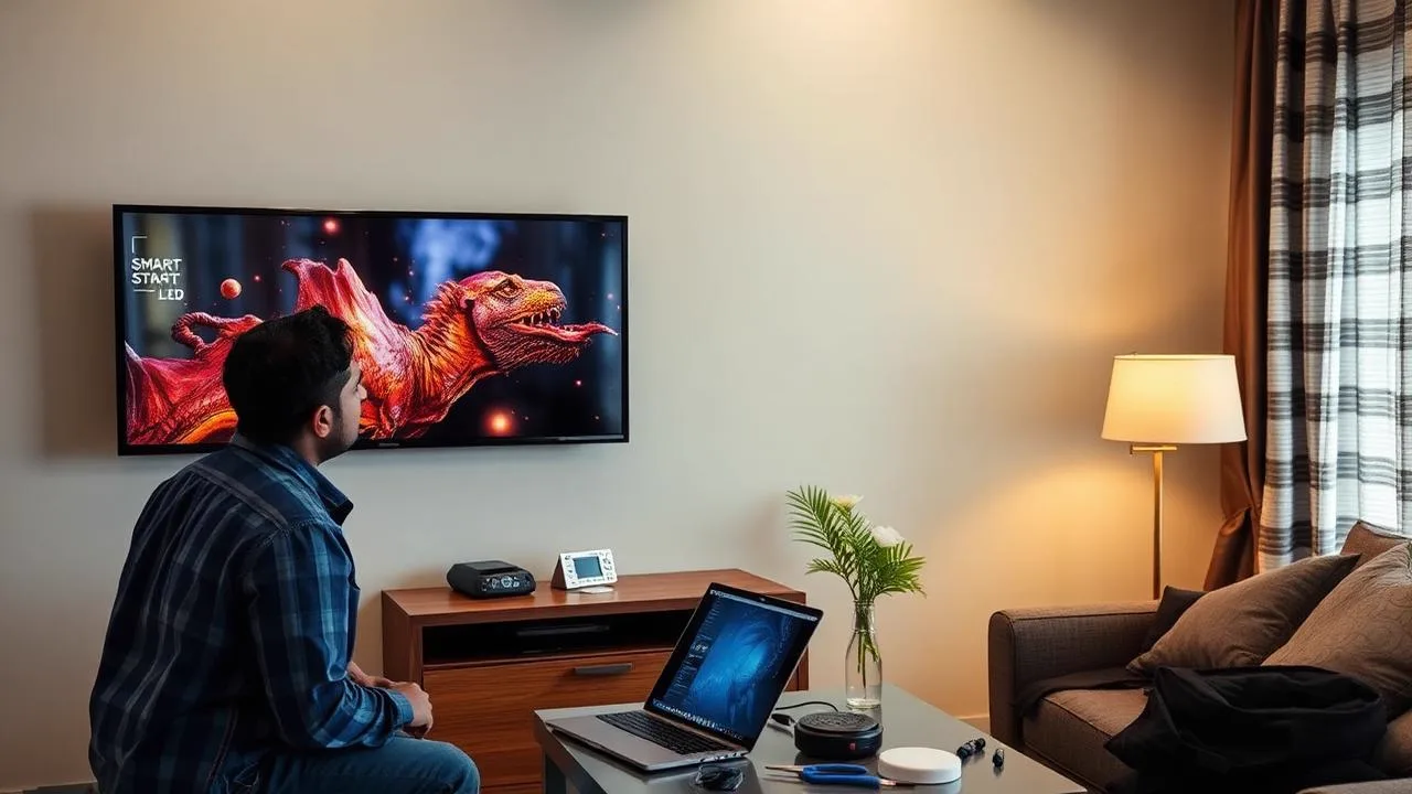 Verified TV repair technician repairing an LED television at a customer's home in Bangalore