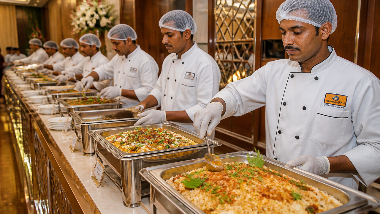 Catering team serving Hyderabadi biryani and curries at a banquet buffet counter in Hyderabad