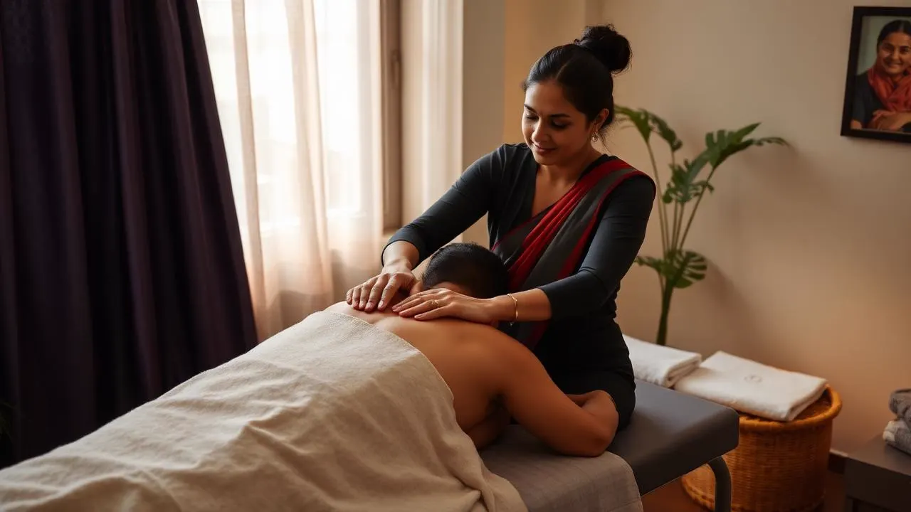 Professional massage therapist giving a therapeutic massage at a client's home in Delhi