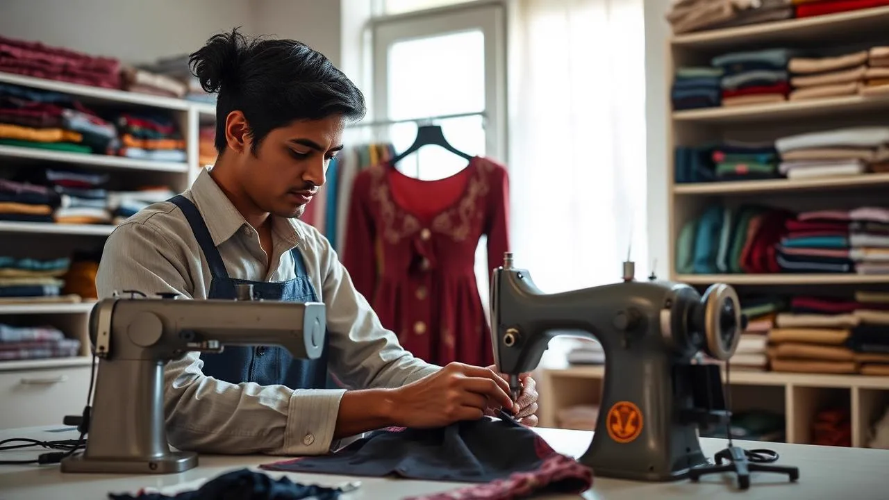 Verified tailor stitching and altering garments at a tailoring shop in Bangalore