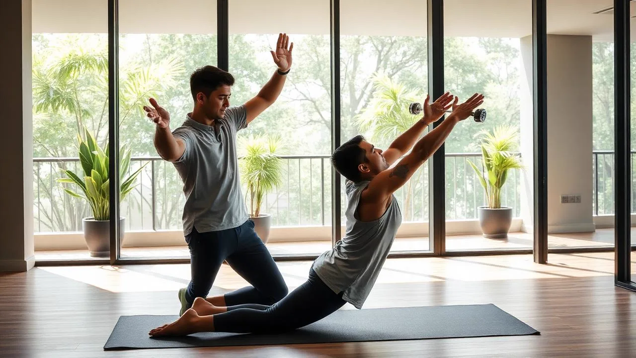 Certified yoga and fitness trainer guiding a client through a session at home in Bangalore