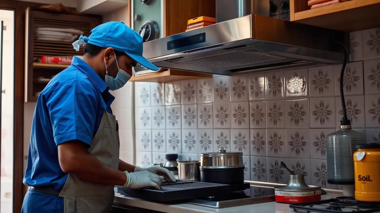 Verified technician deep cleaning a kitchen chimney in Chennai