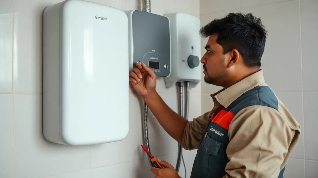Verified technician repairing a wall-mounted geyser water heater in Hyderabad