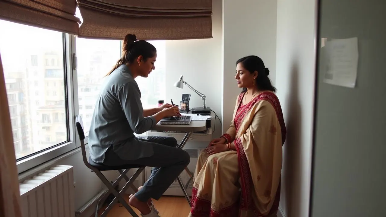 Professional beautician providing a salon at home service to a client in Mumbai