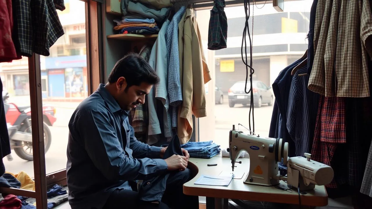 Verified tailor stitching and altering garments at a tailoring shop in Mumbai