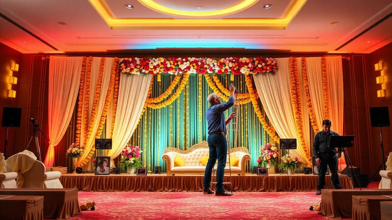 Event decoration team setting up a floral and lighting stage for a function in Hyderabad