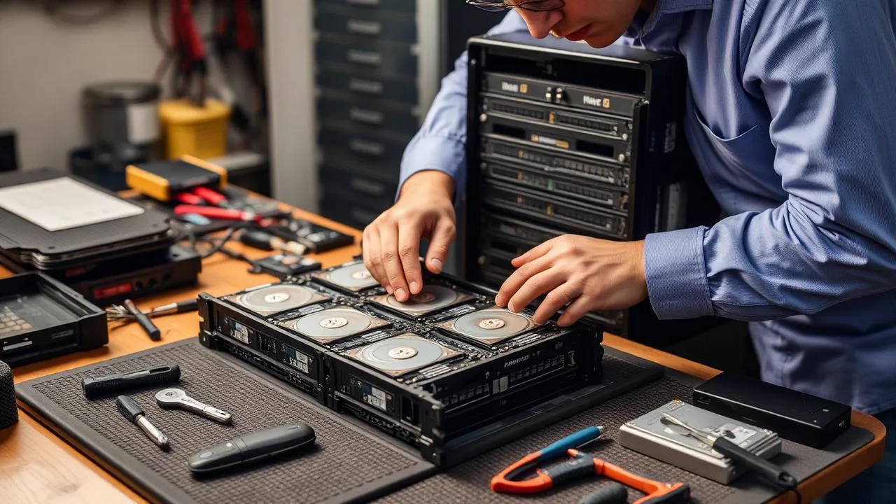 Data recovery technician in Delhi recovering files from a failed hard drive at a professional workbench