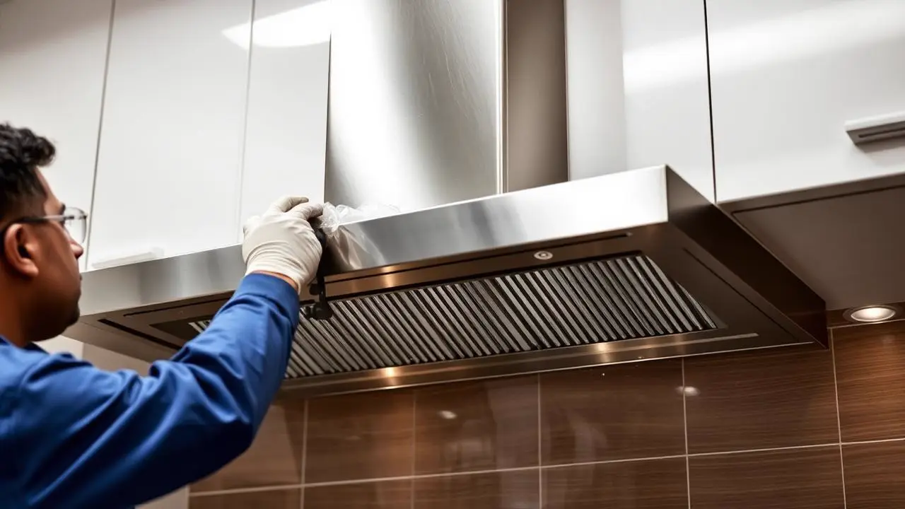 Verified technician deep cleaning a kitchen chimney in Hyderabad