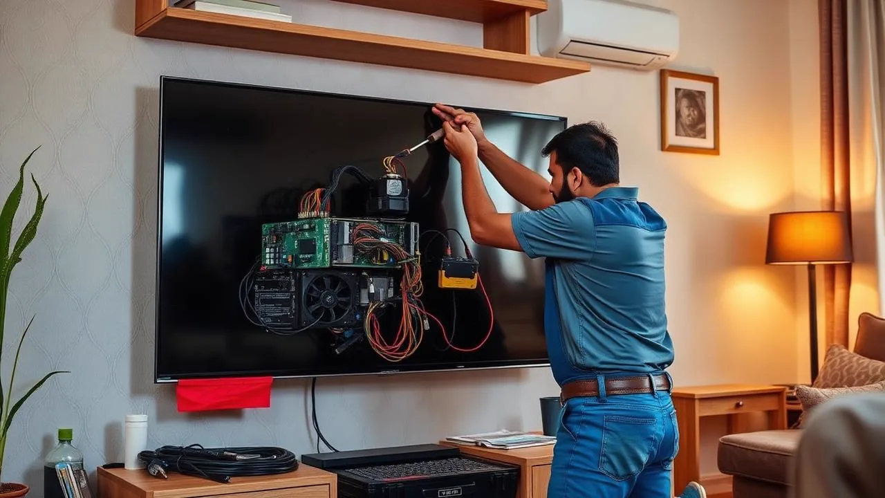 Verified TV repair technician repairing an LED television at a customer's home in Delhi