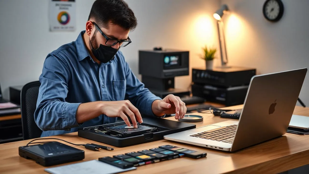 Data recovery technician in Bangalore recovering files from a failed hard drive at a professional workbench