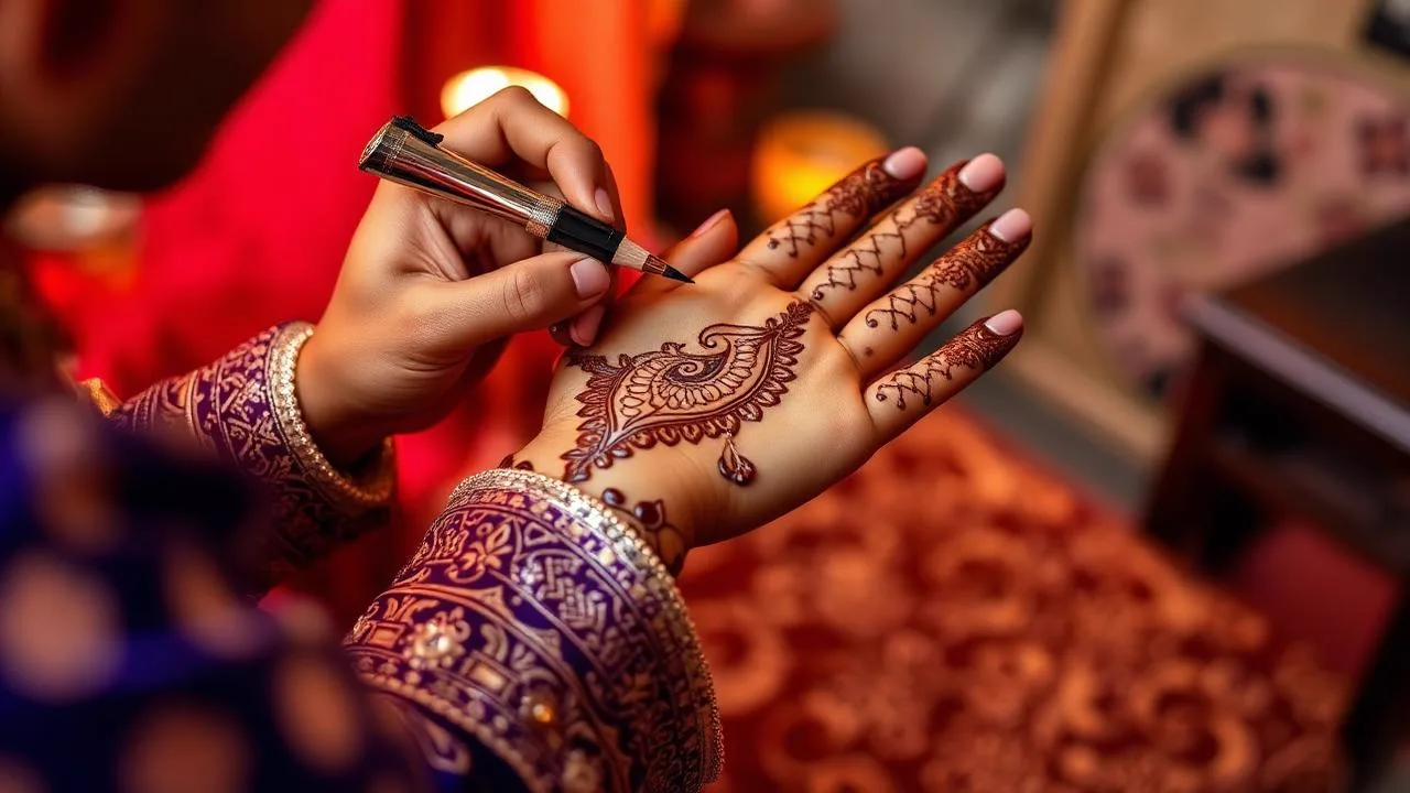Verified mehendi artist applying bridal henna design at a home in Hyderabad