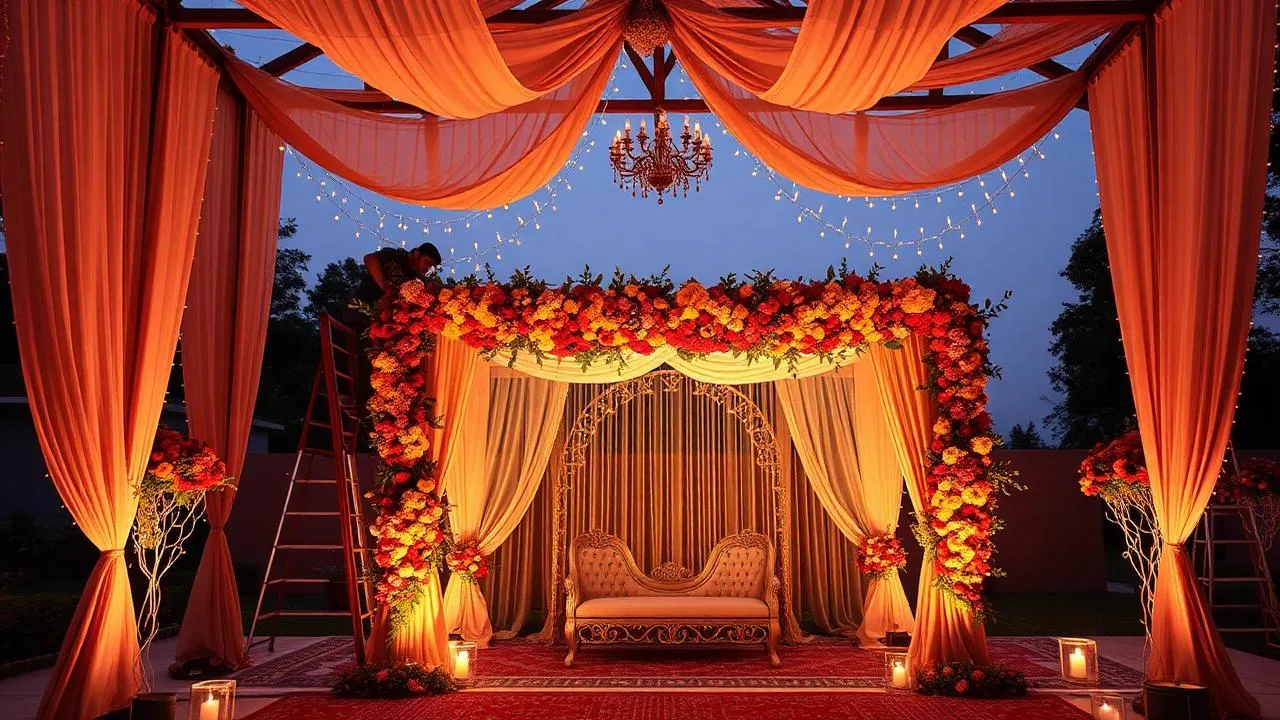 Event decoration team setting up a floral and lighting stage for a function in Delhi