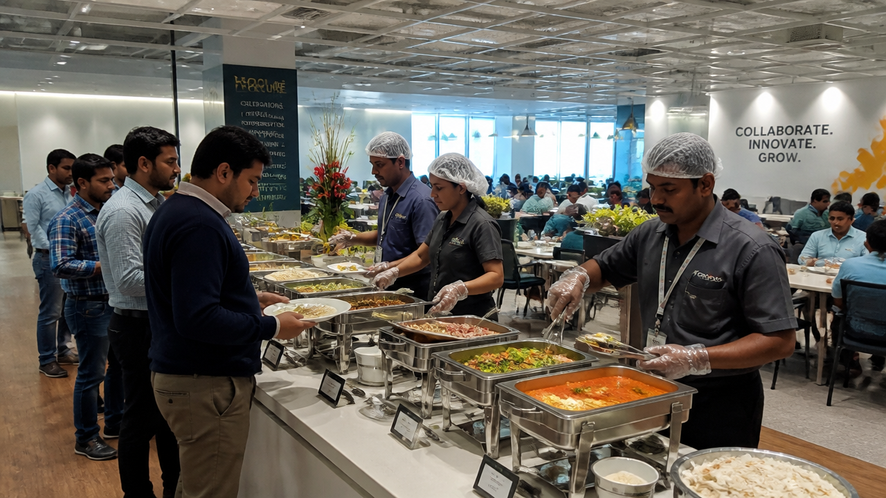 Corporate catering buffet counters served to employees at a Bangalore tech office cafeteria