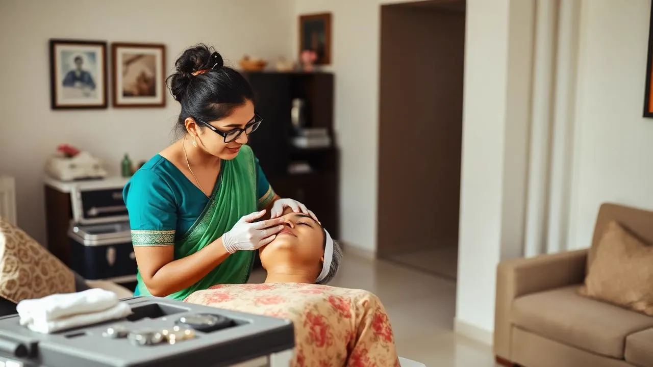 Professional beautician providing a salon at home service to a client in Hyderabad