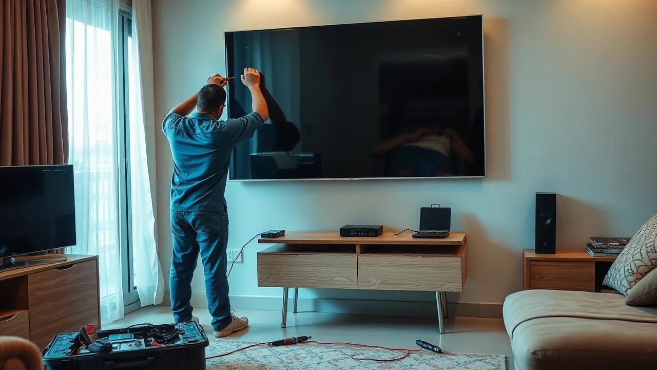 Verified TV repair technician repairing an LED television at a customer's home in Hyderabad
