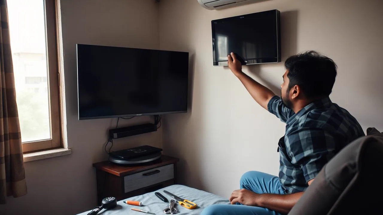 Verified TV repair technician repairing an LED television at a customer's home in Mumbai