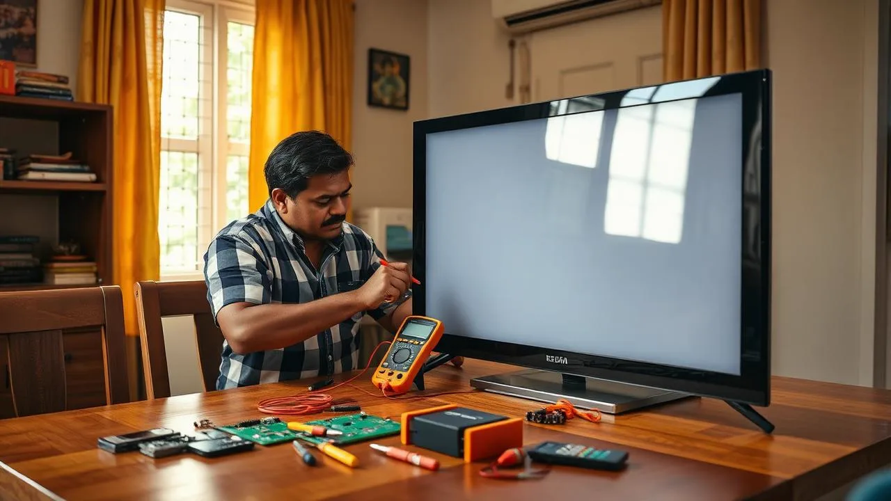 Verified TV repair technician repairing an LED television at a customer's home in Chennai